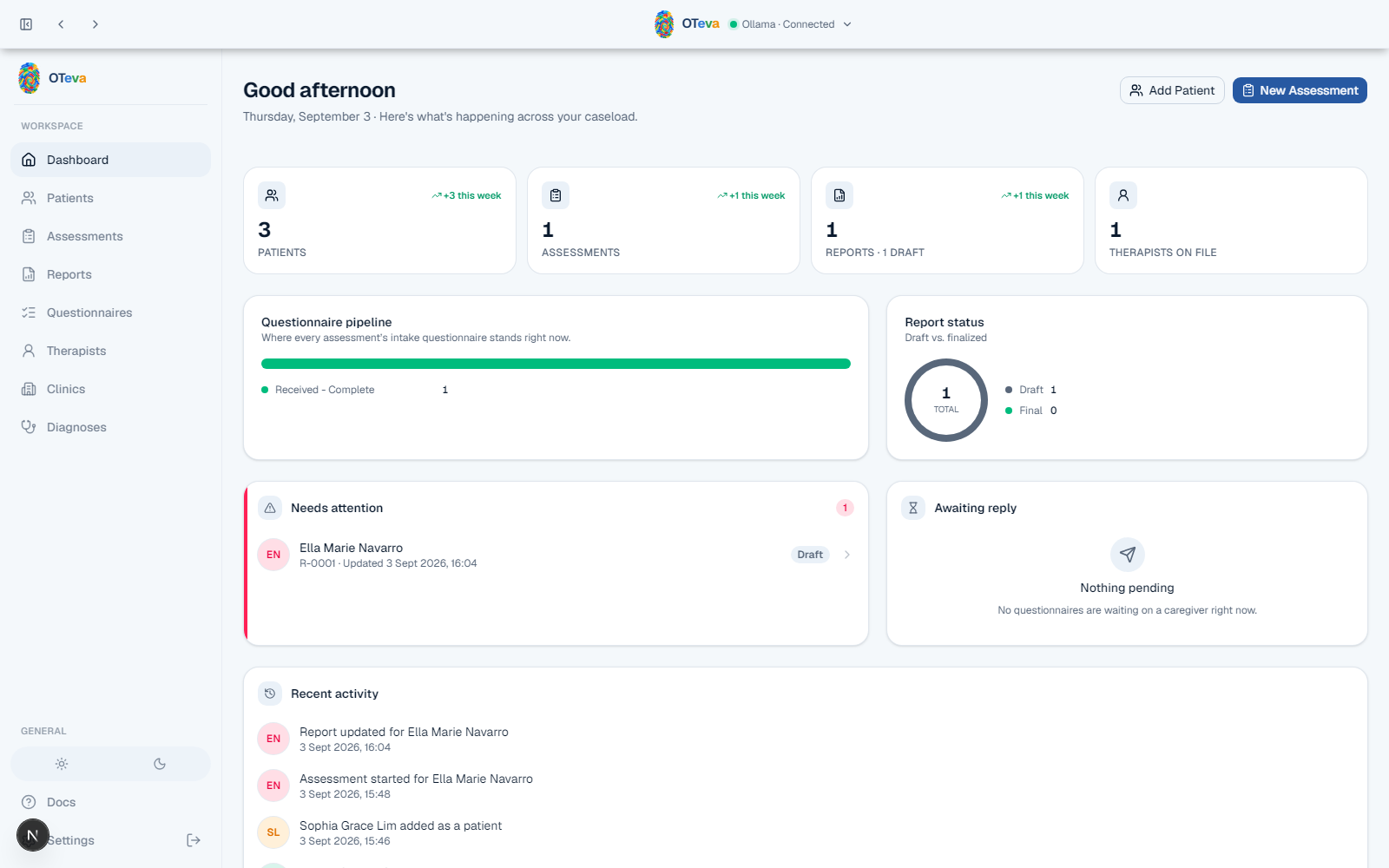 OTeva dashboard showing patient count, questionnaire pipeline, and recent activity