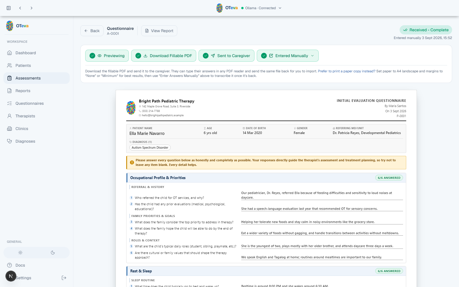 OTeva questionnaire showing completed Occupational Profile and Rest & Sleep sections for a patient