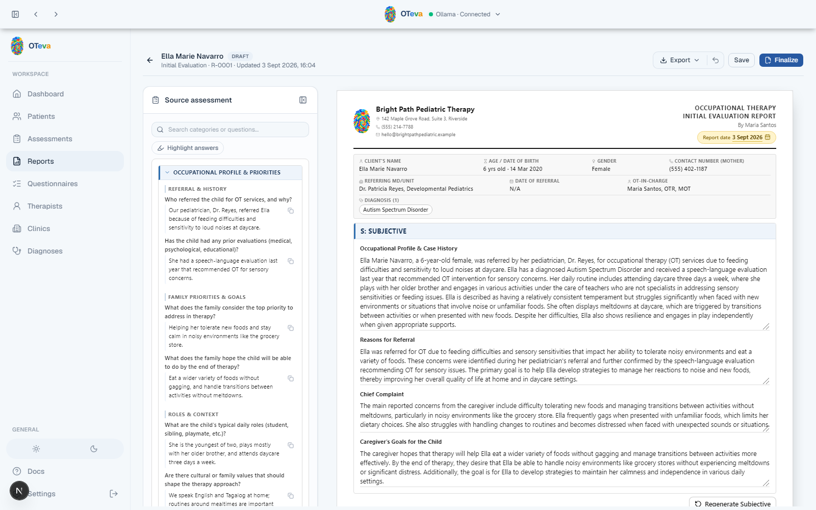 OTeva report editor with an AI-drafted Subjective section from Ollama